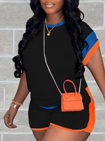 LovelyWholesale Women 2 Piece Outfits Color Block T Shirt with Shorts Set Summer Tracksuit in Saudi Arabia