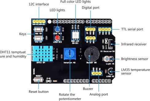 2 قطعة 9 في 1 مستشعر درجة الحرارة والرطوبة لوحة توسيع متعددة الوظائف DHT11 مستشعر الرطوبة وLM35 جهاز استقبال مستشعر درجة الحرارة LED IR استقبال الجرس I2C in Kuwait