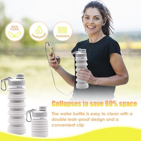 زجاجة مياه قابلة للطي من ONTA - زجاجة مياه قابلة للطي من السيليكون خالية من مادة BPA للسفر، زجاجة مياه محمولة من السيليكون مانعة للتسرب سعة 20 أونصة، رمادي in Kuwait