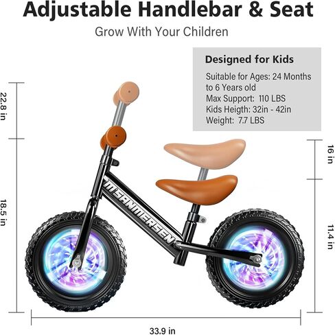 Colorful Lighting Toddler Balance Bike 2 3 Year Old,Balance Bike for Age 24 Months to 5 Years Old,12Inch Lightweight Steady Balancing Bike with Adjustable Handlebar&Seat,Birthday Gift for 2 3 4 5 Kids in Kuwait