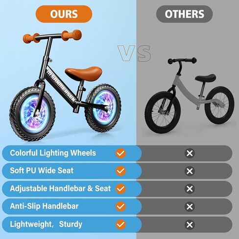 Colorful Lighting Toddler Balance Bike 2 3 Year Old,Balance Bike for Age 24 Months to 5 Years Old,12Inch Lightweight Steady Balancing Bike with Adjustable Handlebar&Seat,Birthday Gift for 2 3 4 5 Kids in Kuwait