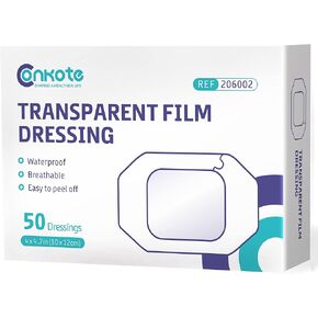 Conkote Transparent Film Dressing 4" x 4 .7", Waterproof Clear Patches, Pack of 50 Dressings, Shower Shield, Tattoo Bandage