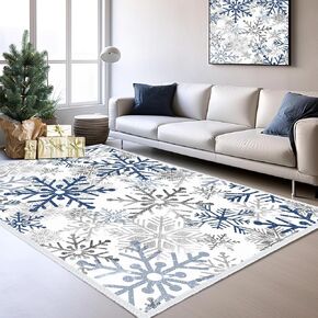 Christmas Area Rug 5 x 7 ft Blue Snowflakes Winter Area Rug for Indoors Washable Blue Silver Xmas Door Mat Holiday Decor Carpet for Christmas Kitchen Living Room Bathroom Decor