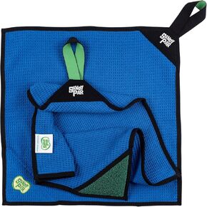 Original Sandy Par Golf Towel with Extra Thick Premium Waffle Microfiber Featuring a Built-in Industrial-Strength Club Cleaning Scrubber and Elastic Handle/Hanger 18" x 18" (2 U.S. Patents) – Blue
