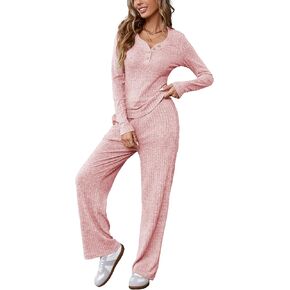 Famulily Women Fall 2 Piece Set Henley V Neck Button Up Rib Knit Lounge Workout Sets Travel Tracksuit Outfits with Pockets
