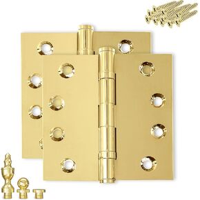 Solid Brass Door Hinge Heavy Duty Ball Bearing Polished Tarnish Aged Patina Gold 4x4 Inch with Decorative Tips - Set of 3 Hinges (Non Lacquered Brass)