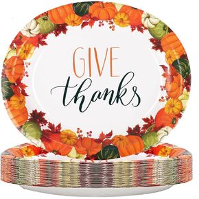 TWOWYHI 50PCS Thanksgiving Oval Plates 10" x 12" Disposable Dinner Plates Thanksgiving Paper Plates Give Thanks Party Autumn Paper Plates Fall Harvest Plates Platters Holiday Thanksgiving Decor