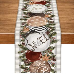 Gray and White Buffalo Plaid Christmas Table Runner， Christmas Balls Pine Berry Seasonal Winter Kitchen Tabletop Runner for Indoor Outdoor Dining Table Decoration13x72 Inch