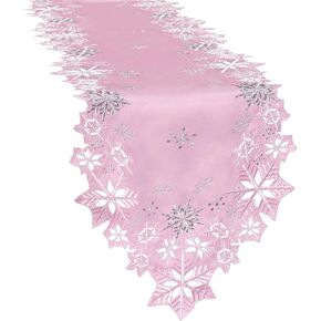 Simhomsen Embroidered Pink Snowflakes Table Runners for Christmas Holiday and Winter (Pink, 14×69 inches)