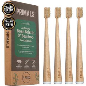 PRIMALS Boar Bristle & Bamboo Toothbrush (4-Pack) - Premium Boar Bristles - Fully Biodegradable - Plastic & Nylon Free - Quick Dry Design