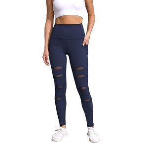 Women's High Waist Ripped Gym Leggings with Phone Pocket Yoga Pants Workout Fitness Running Skinny Trousers