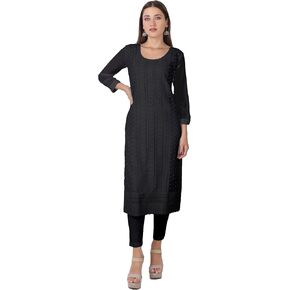 ladyline Womens Georgette Chiffon Chickankari & Sequins Work Kurti Tunic Kurta (White, 36)