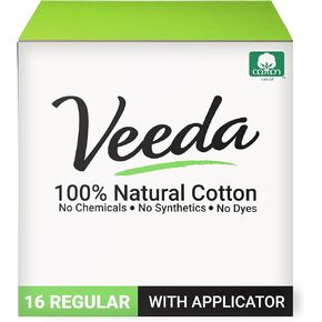 Veeda 100% Natural Cotton Tampons - Regular Absorbency with Leak Proof Protection - Compact BPA-Free Applicator - Unscented & Free from Chlorine, Toxin - 32 Count