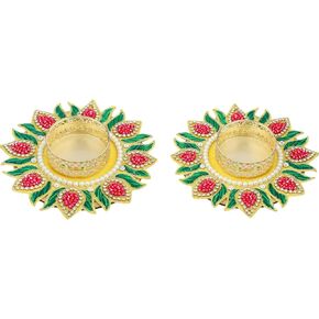Set of 2 Decorative Mat Rangoli with T-Light Candle Holder Stand for Indian Traditional Decorations Made up of Golden Embrodaries for Gifting Idea (Size:- 4")(Colour:- Yellow)