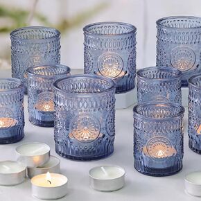 Volens 20pcs Assorted Blue Votive Candle Holders with 20pcs Tealight Candles, Large Glass Votive & Tea Light Candle Holder for Wedding Table Centerpieces, Christmas Party Decorations, Fall Home Decor