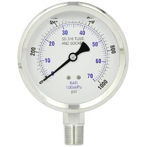 PIC Gauge 301L-402U 4" Dial, 0/10000 psi Range, 1/2" Male NPT Connection Size, Bottom Mount Glycerine Filled Pressure Gauge with a Stainless Steel Case and Internals, Stainless Steel Bezel, and Polycarbonate Lens