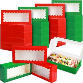 24 Pieces Chritsmas Treat Boxes Red and Green Cookie Boxes with Window 12.5" x 5.5" x 2.5" Holiday Bakery Boxes Christmas Gift Boxes Candy Containers for Christmas Party Favors