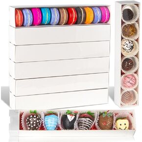 RomanticBaking 15 Pack Long Chocolate Covered Strawberry Boxes for 6 Macaron boxes for 12 Truffle Boxes Cocoa Bombs Boxes Cookies boxes Bakery Boxes(12x2¼x2 Inches )