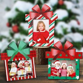 Sintuff 3 Pcs Christmas Picture Frame Christmas Photo Frame 4 x 6 Inch with Bow Decorative Wooden Frame Ornaments Gift for Christmas Home Table Tabletop Display Party Decorations (Present Box)