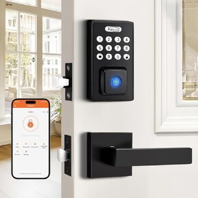 Probrico Smart Keyless Entry Door Lock with Handle,Front Door Lock Set with Fingerprint Deadbolt Lock,Electronic Keypad Deadbolt with Door Handle Lever,App Control,Auto Lock,Black