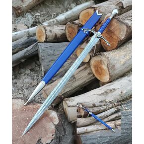 Sword ! Damascus Steel, 101cm Long Sword, Real Viking, Battle Ready Sword, Full Tang with Sheath, Historical Collectors, Handmade-Gift for-Man Dual Edge Sharpe Blade Medieval Cosplay (Blue101)