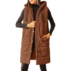 Grlasen Women's Long Quilted Puffer Vest Sleeveless Hooded Button Down Padded Coats Jacket Outerwear with Pockets