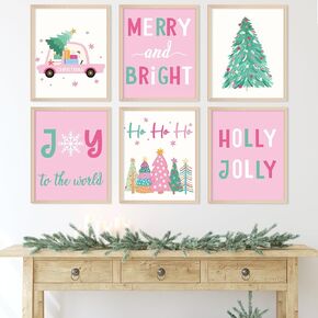 Whaline 6Pcs Pink Christmas Wall Art Prints Merry Bright Xmas Tree Truck Art Poster Winter Aesthetic Wall Decor for Gallery Living Room Bedroom (UNFRAMED, 8 x 10 Inch)