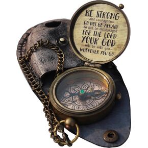 Be Strong and Courageous Joshua 1:9 Engraved Brass Compass with Leather Case | Working Compass, Marine Gift, Keepsake Gift, Birthday Gift, Corporate