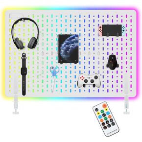 LED Gaming Desk Pegboard,Clamp-on Gaming Desk Organizer,USB Powered,LED Light Desk Pegboard with Music Sync 22.2 x 15inch,Black 1pc