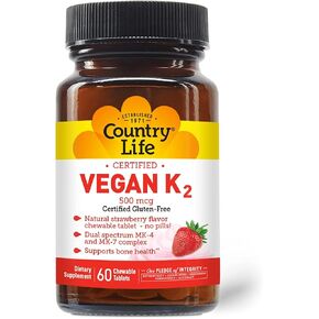 Country Life Vegan Vitamin K2, 500 mcg, Dual Spectrum MK-4 and MK-7 Complex, Supports Bone & Teeth Health, 60 Chewable Tablets, Strawberry Flavor