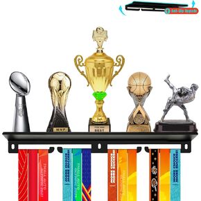 Medal Hanger Display with Trophy Shelf - Durable Metal Rack for Award Ribbon Hanger Holds Up to 16 Medals 5 Trophies - Ideal for Sports Fan and Daily Use Christmas Halloween and Birthday Gifts