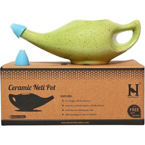 HealthGoodsIn Premium Handcrafted Durable Ceramic Neti Pot, Nasal Irrigator, Dishwasher Safe, 2 Silicone Nozzle Tip, Holds 225 Ml. Water - (Freckle Pattern Green)