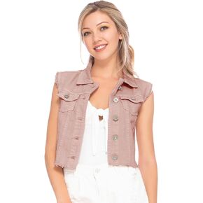 Anna-Kaci Womens Distressed Denim Button Up Sleeveless Crop Vest