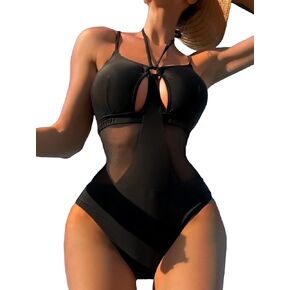 Milumia Women's Contrast Mesh Cut Out Halter Onepiece Swimsuit Tie Back Backless Bathing Suit