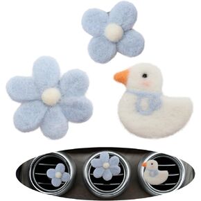 Duck Flower Air Vent Clips,3pcs Cute Daisy Duck Car Air Freshener Vent Clips,White Blue Car Accessories,Women Girly Essential Oil Car Diffuser Wool Felt Car Charm