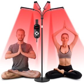 4 Heads Red Light Therapy Lamp with Base, 3-in-1 Chip Infrared Light Therapy Device, Height Adjustable, 660nm Red Light and 850nm Near Infrared Light for Face, Body, Pain, Skin - Home Use