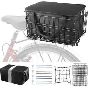 Folding Rear Bike Basket, Metal Bicycle Basket with Removable PU Liner Bag, Quick Release Design Basket Water-Resistant Cover, Cargo Net Fits for Rear Bike Rack, Women/Men Carrying Dogs, Pets, Fruit