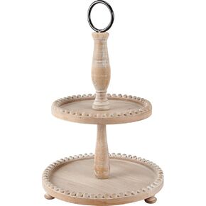 Primitives by Kathy Tiered Serving Tray - Two Tiered Natural Wood with Decorative Beaded Edge