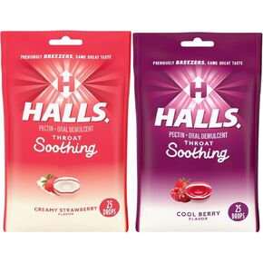 SCHMIDT EMPIRE Halls Throat Soothing (Formerly Halls Breezers) Cool Berry Throat Drops 25 Count Per Bag and Halls Throat Soothing Creamy Strawberry-Cough Drops for Throat 25ct (Pack of 2 (1 of Each))