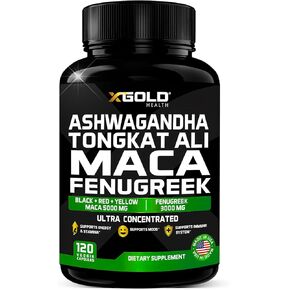 Ashwagandha 5000mg + Tongkat Ali 1000mg + Maca Root 5000mg + Fenugreek 3000mg Supplement | Black + Red + Yellow Maca Root Extract & Fenugreek Herbal Supplements for Men & Women - Made in USA