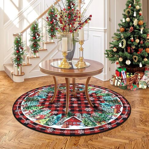 HEBE 4Ft Round Christmas Area Rug Non Slip Farmhouse Round Rug for Living Room Washable Soft Circle Rugs for Bedroom Christmas Round Floor Carpet for Dining Room Xmas Holiday Decor in Saudi Arabia