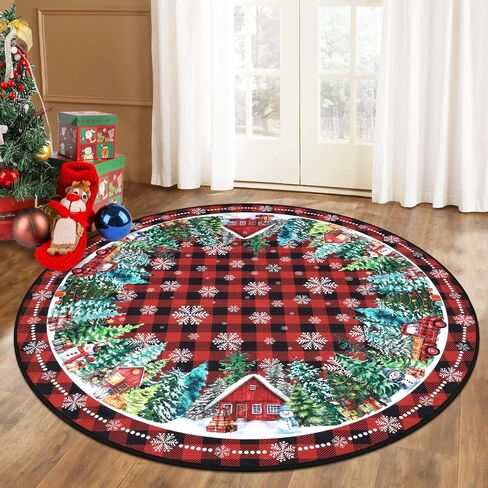 HEBE 4Ft Round Christmas Area Rug Non Slip Farmhouse Round Rug for Living Room Washable Soft Circle Rugs for Bedroom Christmas Round Floor Carpet for Dining Room Xmas Holiday Decor in Saudi Arabia
