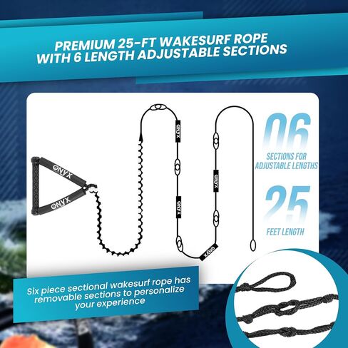 25ft Premium Braided Wake Surf Rope with 10" EVA Handle - 6 Adjustable Sections - Floating Watersport Ropes for Wake Surfing in Saudi Arabia