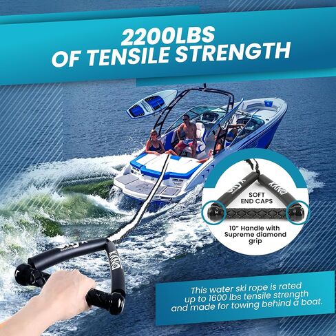 25ft Premium Braided Wake Surf Rope with 10" EVA Handle - 6 Adjustable Sections - Floating Watersport Ropes for Wake Surfing in Saudi Arabia