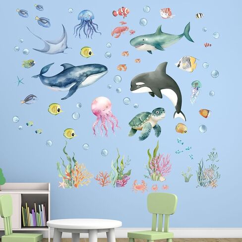 Ocean Animals Wall Decals - Under The Sea Marine Theme Wall Stickers - Girls Baby Nursery Kids Room Daycare Wall Decor in Saudi Arabia