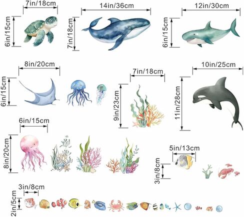 Ocean Animals Wall Decals - Under The Sea Marine Theme Wall Stickers - Girls Baby Nursery Kids Room Daycare Wall Decor in Saudi Arabia