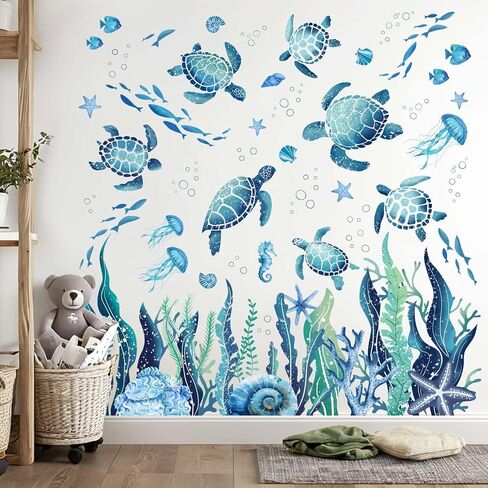 Ocean Animals Wall Decals - Under The Sea Marine Theme Wall Stickers - Girls Baby Nursery Kids Room Daycare Wall Decor in Saudi Arabia