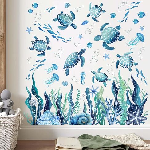 Ocean Animals Wall Decals - Under The Sea Marine Theme Wall Stickers - Girls Baby Nursery Kids Room Daycare Wall Decor in Saudi Arabia