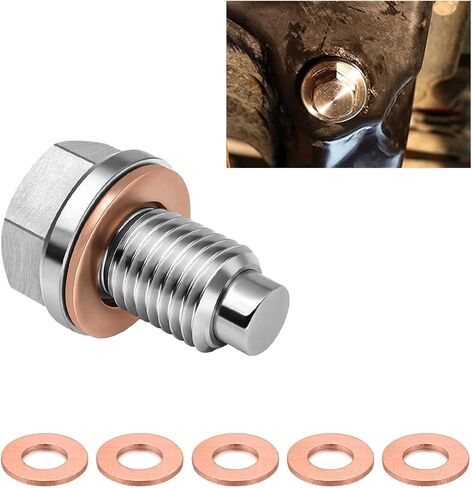 M12×1.25 Magnetic Oil Drain Plug, Aluminum Stainless Steel Sump Drain Nut Bolt with 5 Copper Crush Washer, Universal Leak-proof Replacement Car Accessories for Most Vehicles in Saudi Arabia