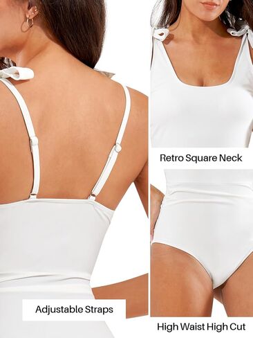Womens One Piece Swimsuit Slimming Tummy Control Bathing Suit Retro Square Neck Swim Suit Tie Shoulder Swimwear in Saudi Arabia